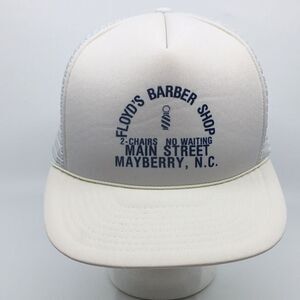 Vintage Floyd’s Barber Shop Mayberry NC white trucker hat SnapBack Andy Griffith